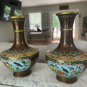 Brown and Gold Cloisonné Vases with Floral Accents